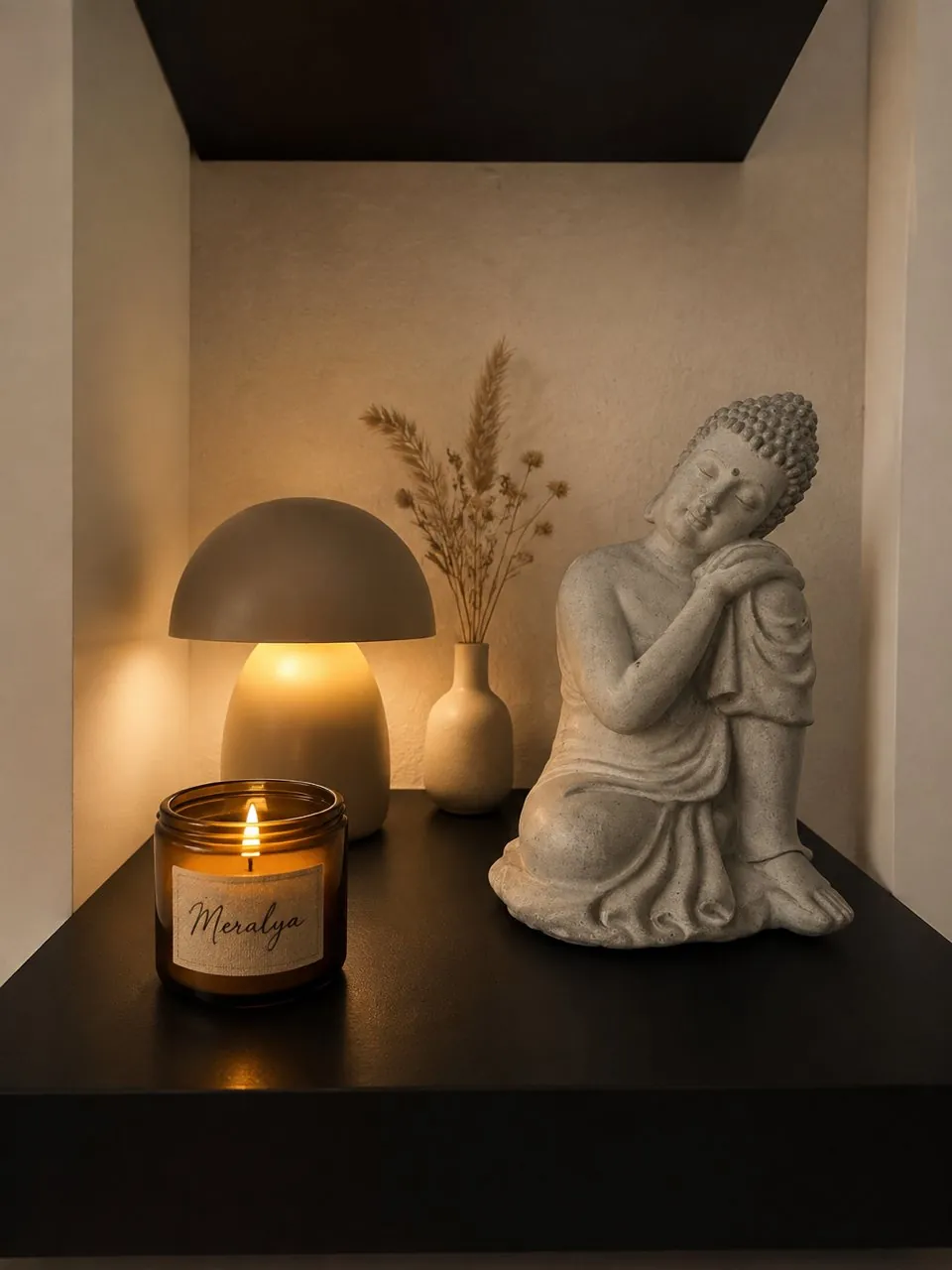 Niche du cabinet, bougie Meralya allumée, lampe champignon, vase de fleurs séchées et bouddha assis en pierre