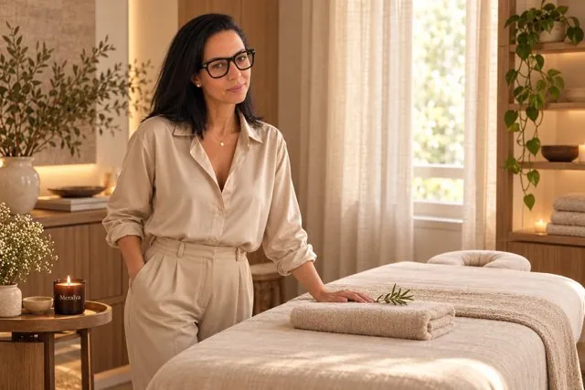 Marie Souini debout près de la table de massage, une main posée sur la serviette, dans le cabinet baigné de lumière