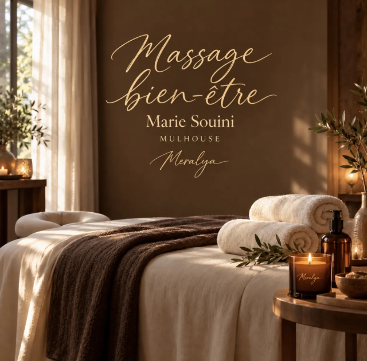 La salle de massage, table drapée de lin et d’un plaid brun, serviettes roulées et bougie Meralya, sous l’inscription murale « Massage bien-être, Marie Souini, Mulhouse, Meralya »